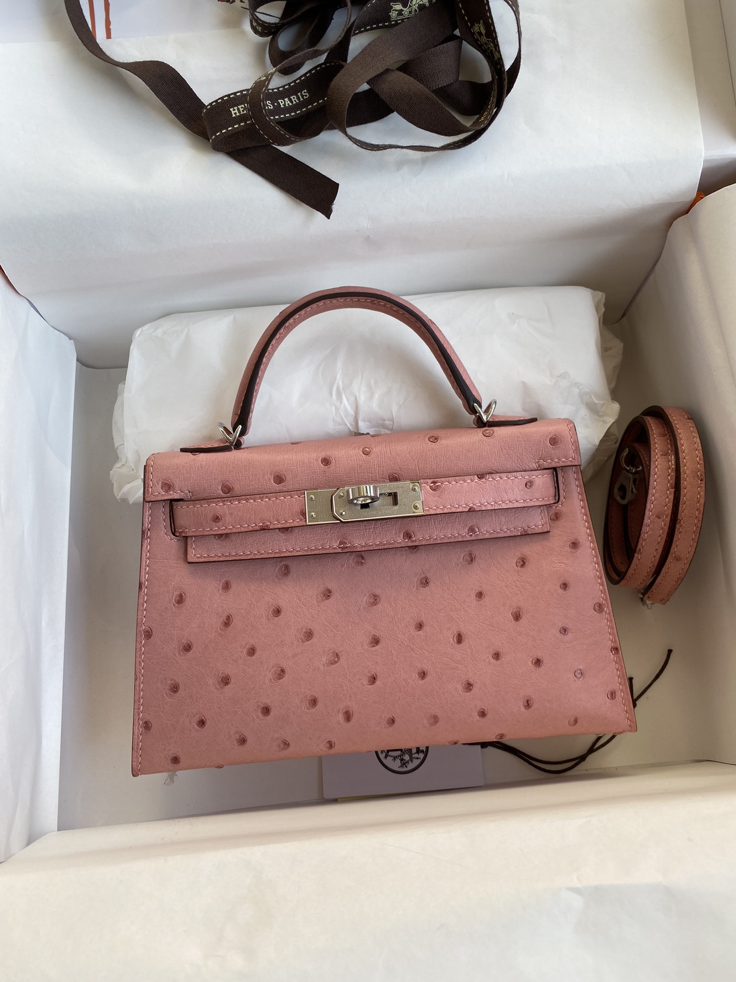 Hermes Kelly Mini II Bag 19CM In Light Pink Ostrich Leather